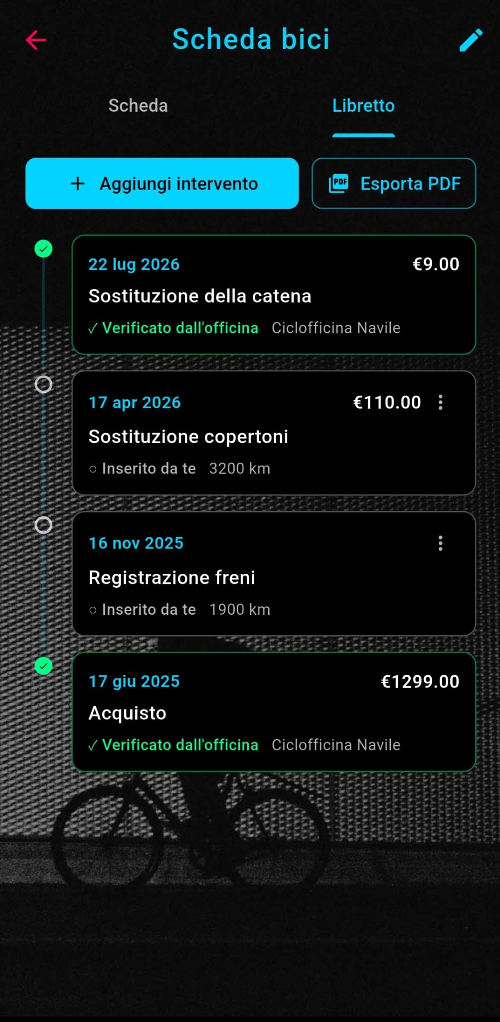 Cyclist bike logbook with a shop-verified service entry